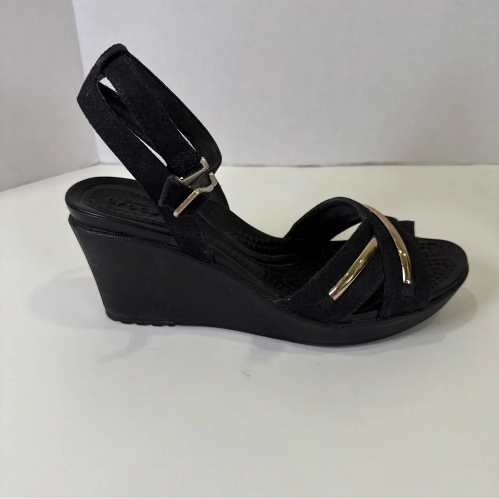Crocs Women Size 6 Leigh II Metalblock Cross-Strap Ankle Wedge Sandals Black - Picture 4 of 11